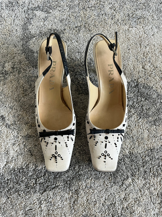 Prada 1990's silk & pearls heels