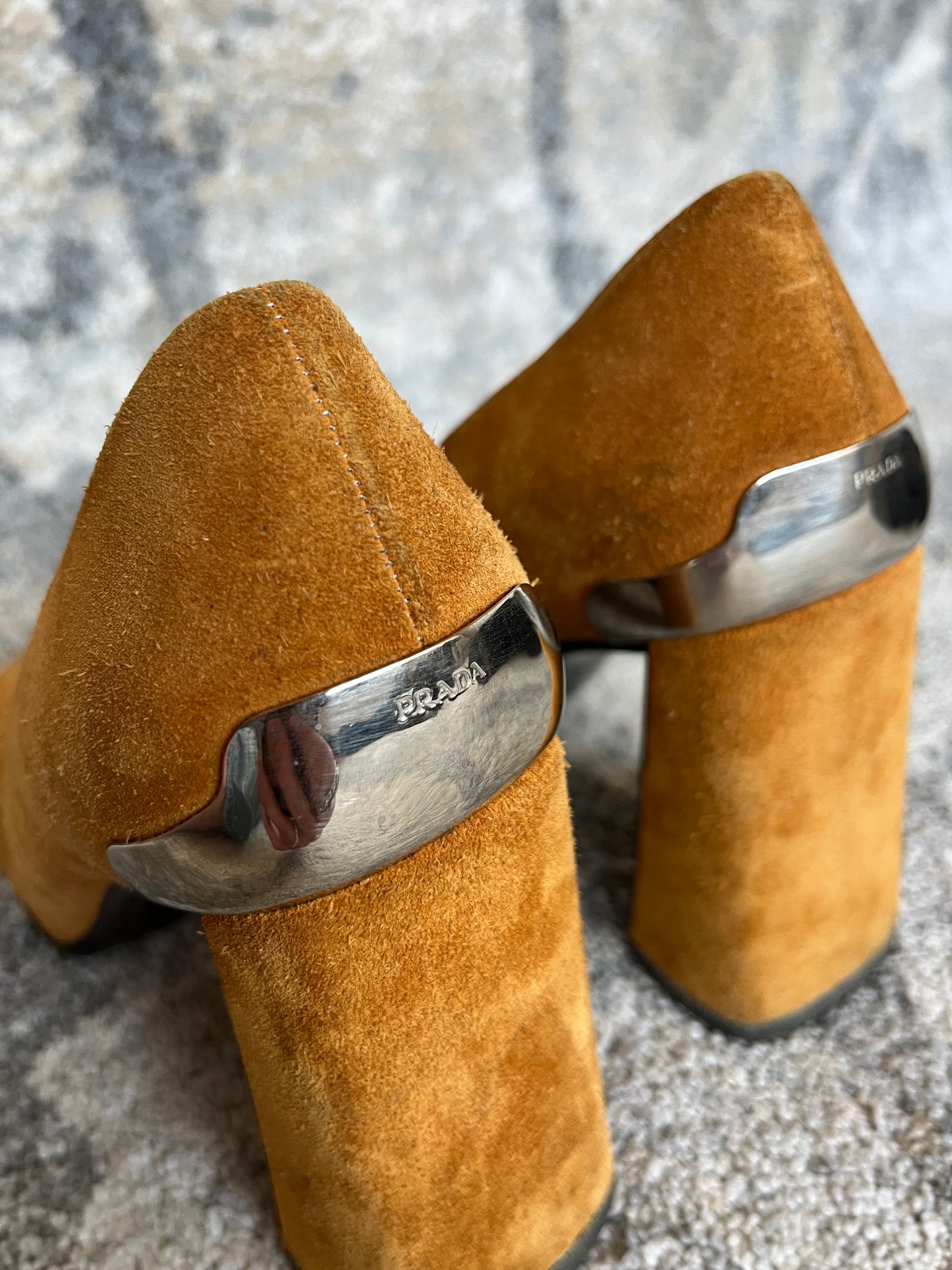 Prada FW1999 suede metalic heels