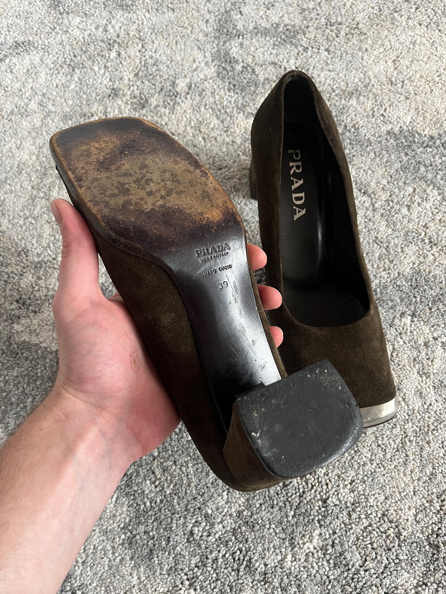 Prada 1999 suede metallic front heels