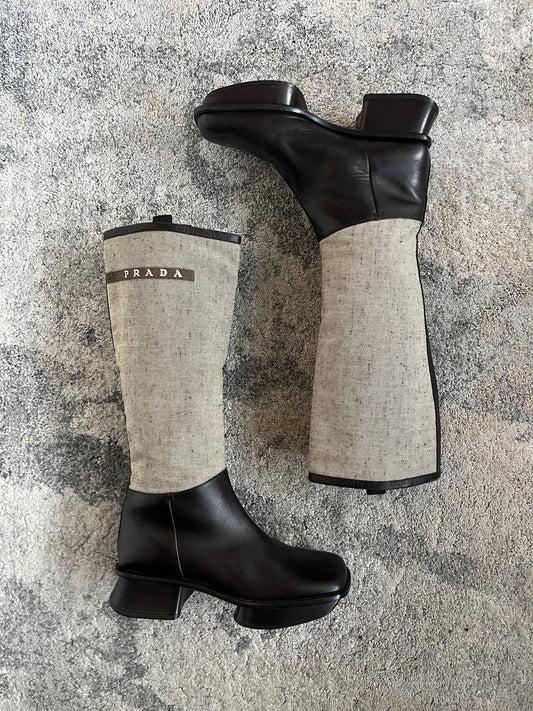 Prada SS1999 linen & leather platefrom boots