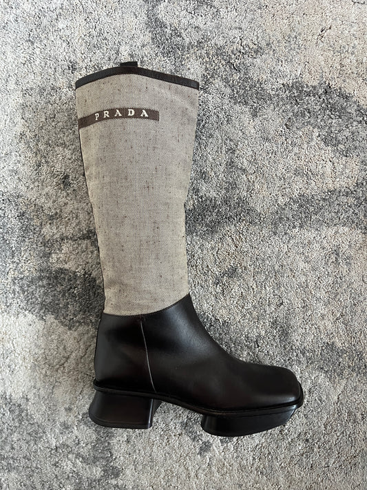 Prada SS1999 linen & leather platefrom boots