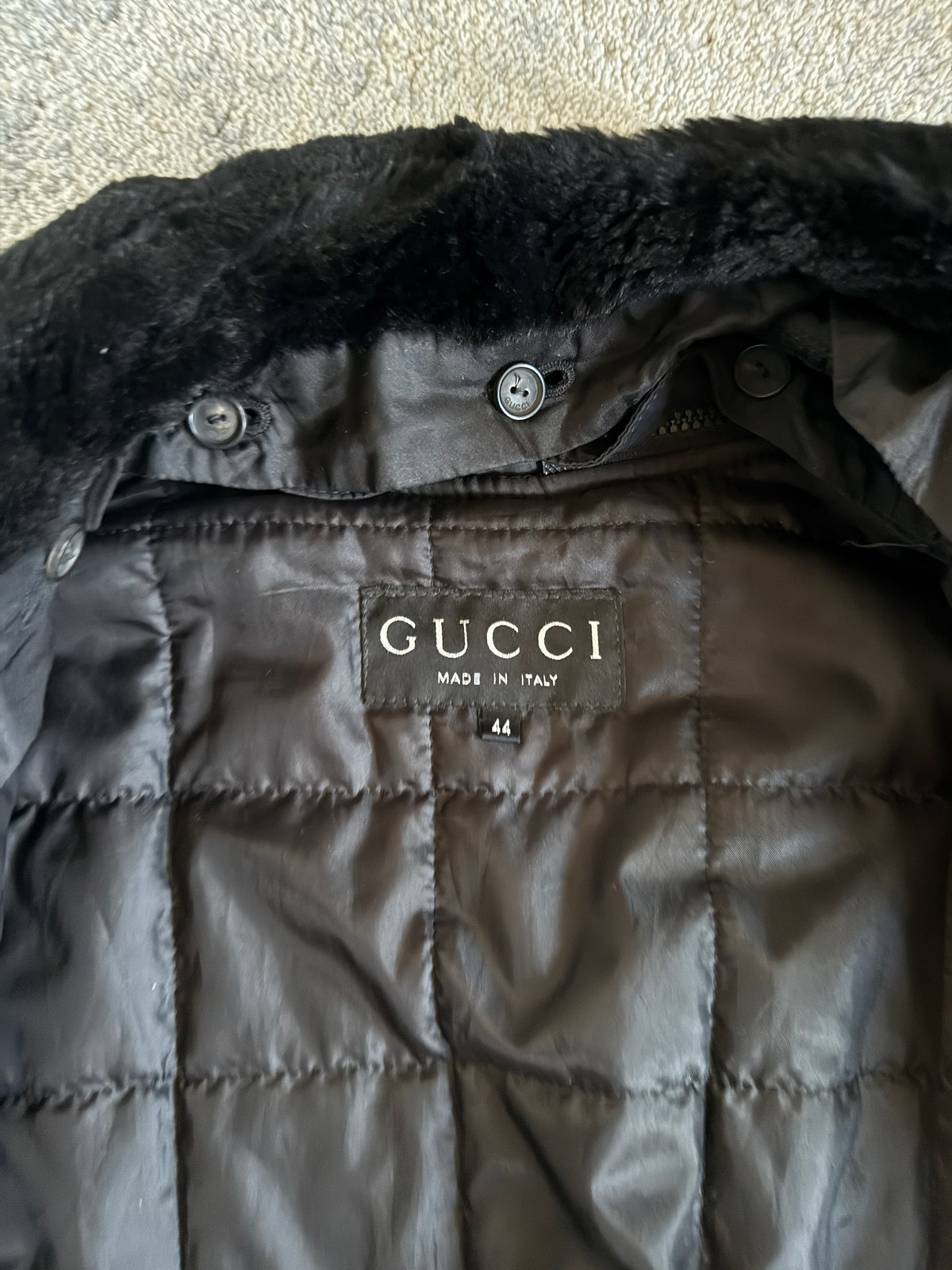 Gucci FW1993 nylon padded jacket with fur collar