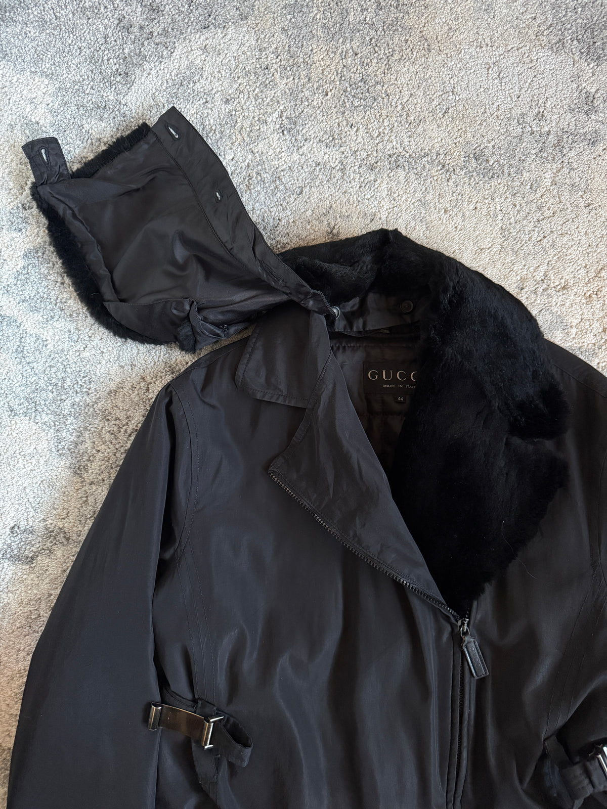 Gucci FW1993 nylon padded jacket with fur collar