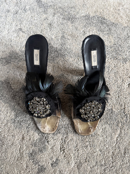Prada FW2004 velvet embellished heels with feather