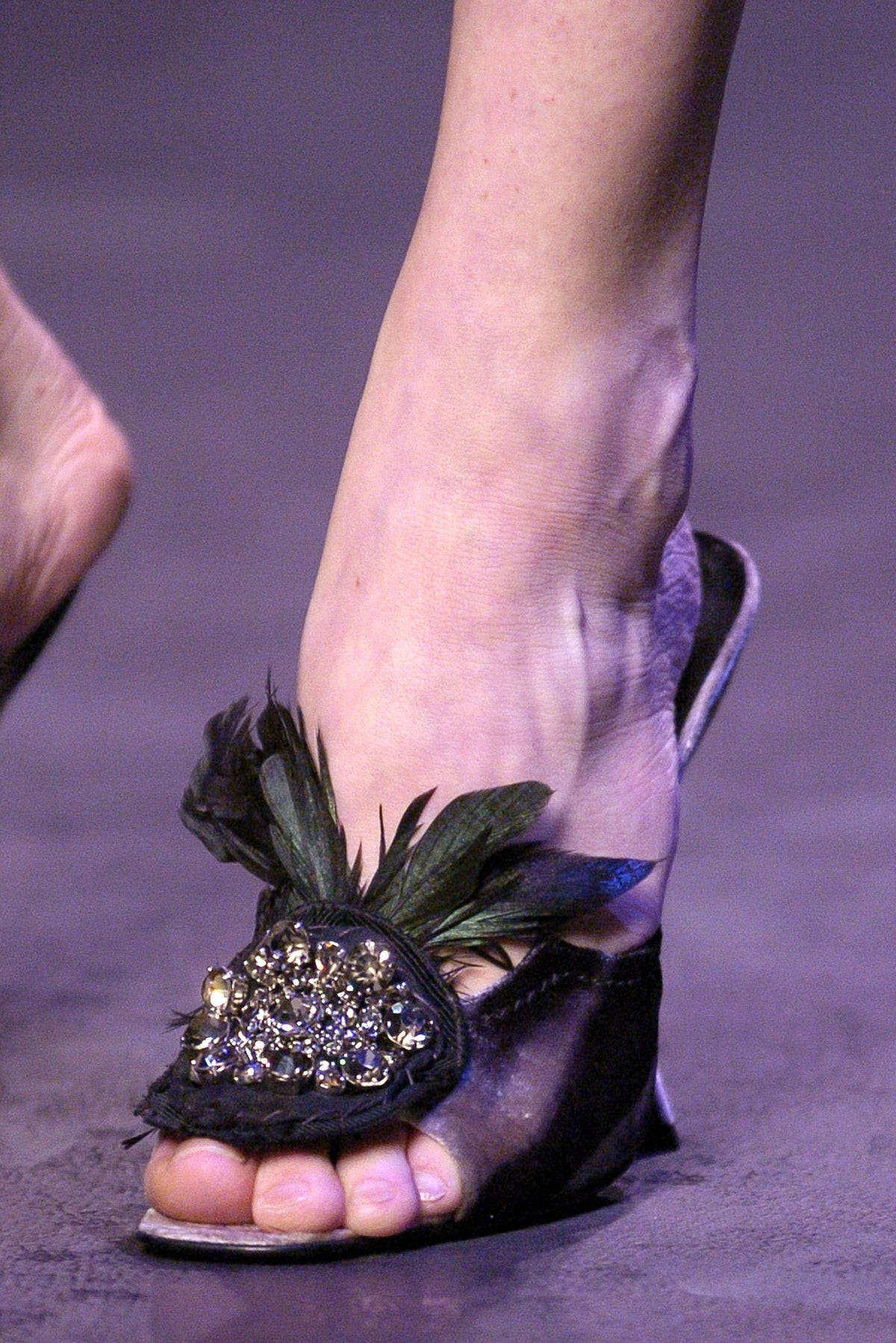 Prada FW2004 velvet embellished heels with feather