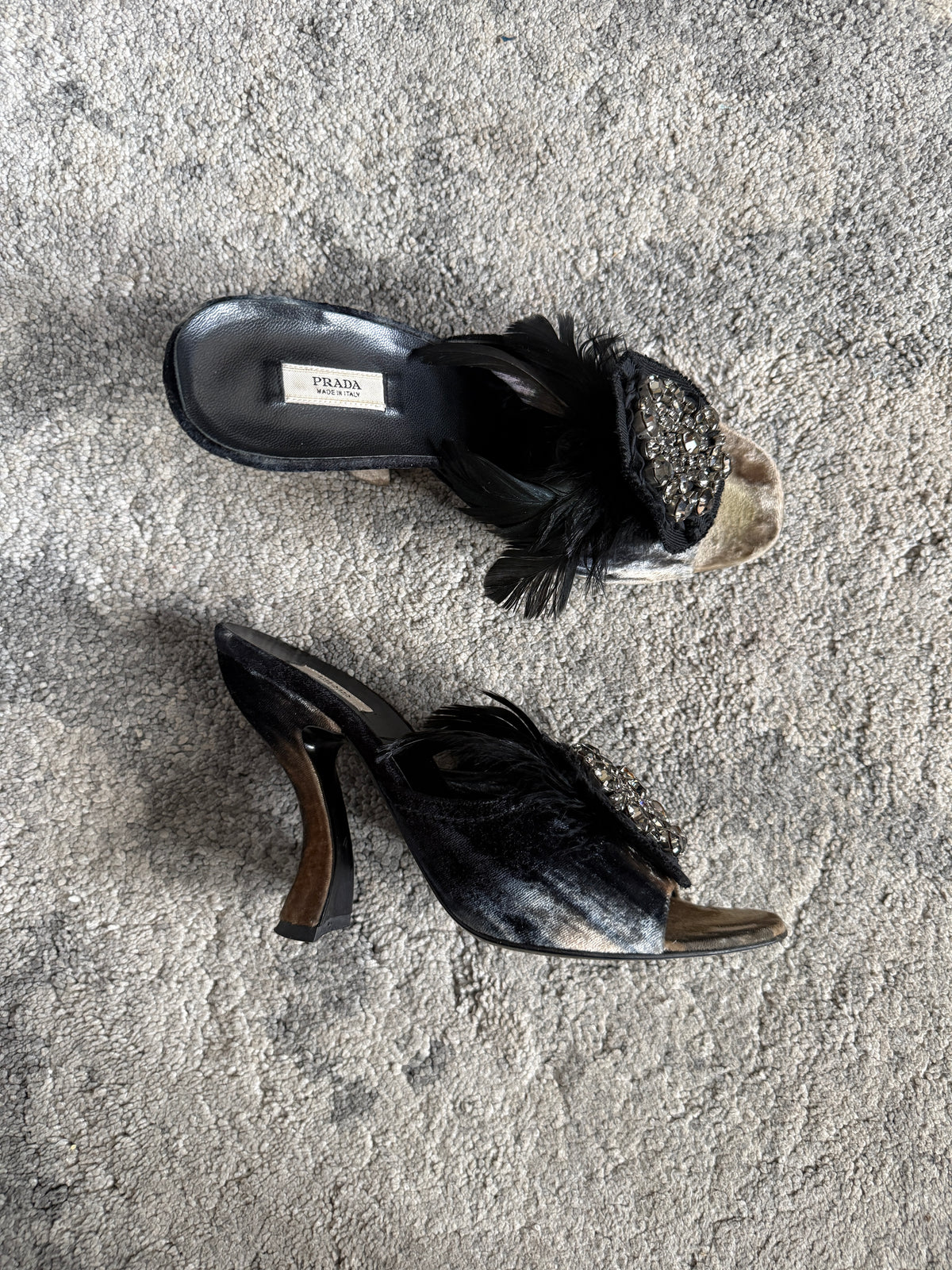 Prada FW2004 velvet embellished heels with feather