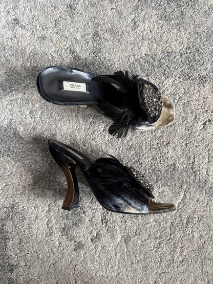 Prada FW2004 velvet embellished heels with feather