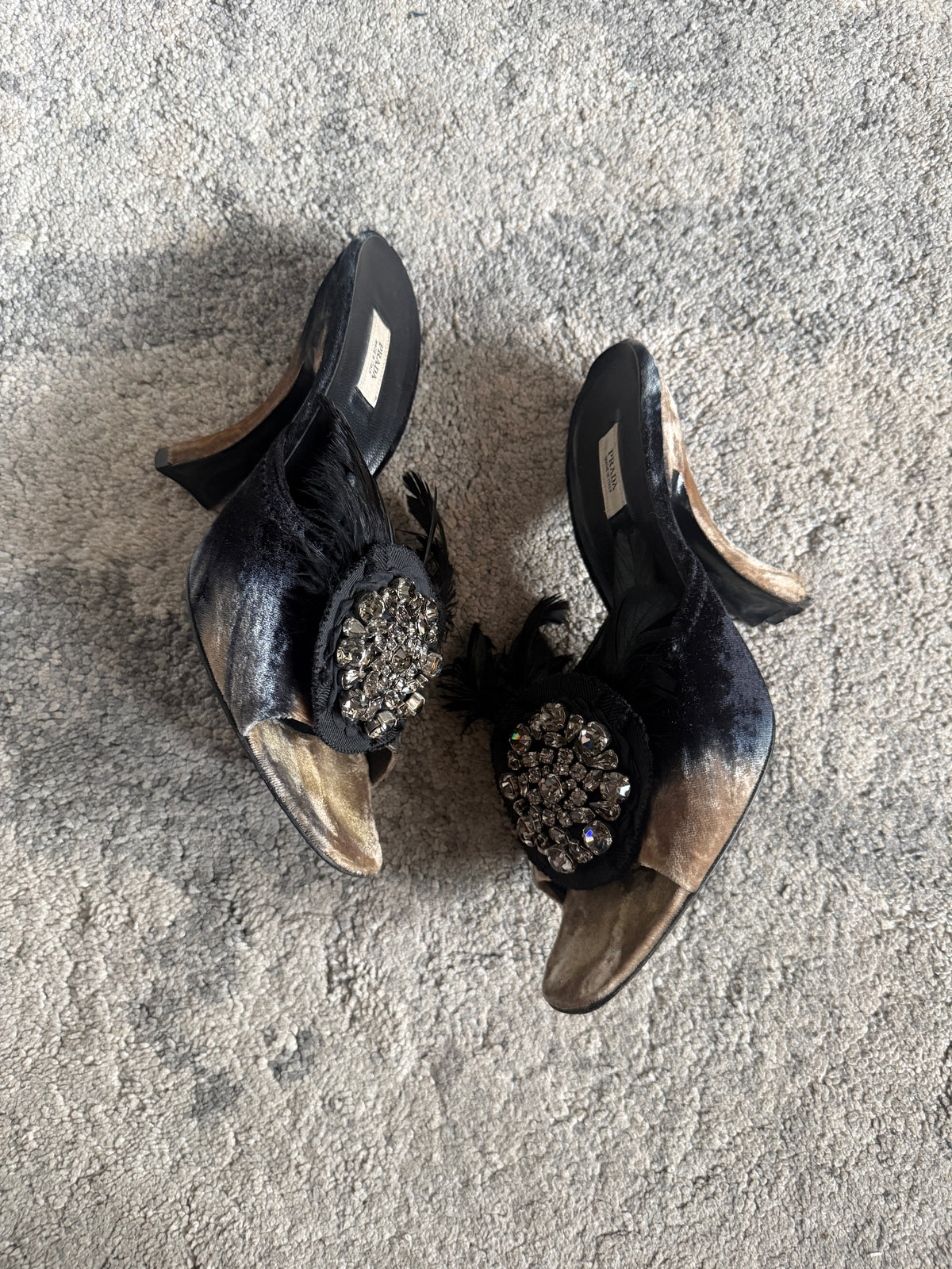 Prada FW2004 velvet embellished heels with feather