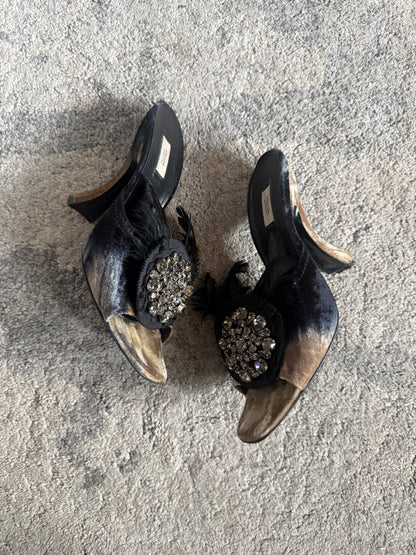 Prada FW2004 velvet embellished heels with feather
