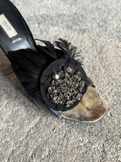Prada FW2004 velvet embellished heels with feather