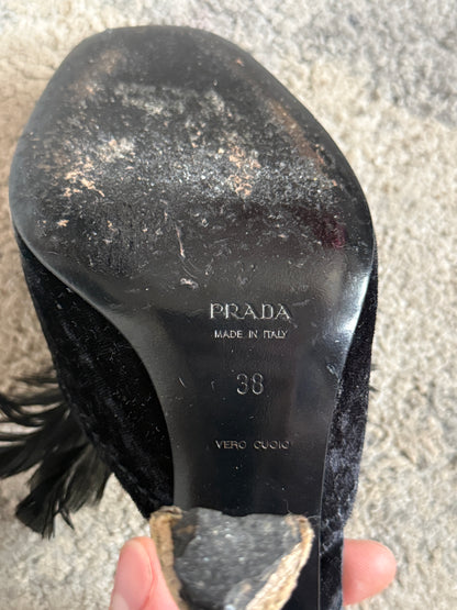 Prada FW2004 velvet embellished heels with feather