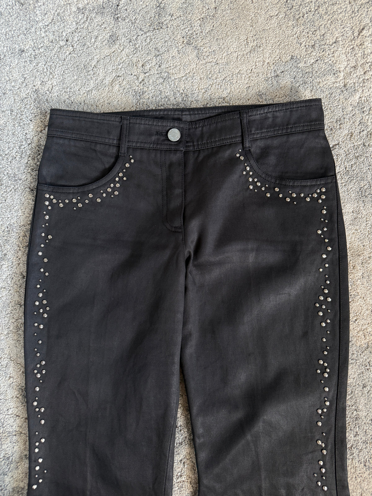 Chloé SS2001 studded waxed flared pants by Stella McCartney