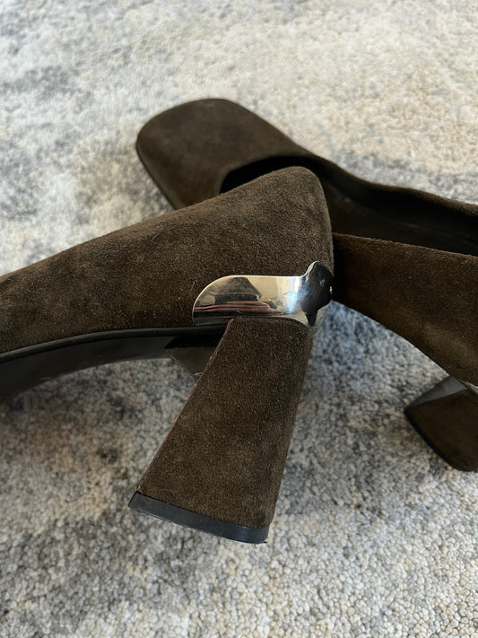 Prada 1999 suede metallic heels