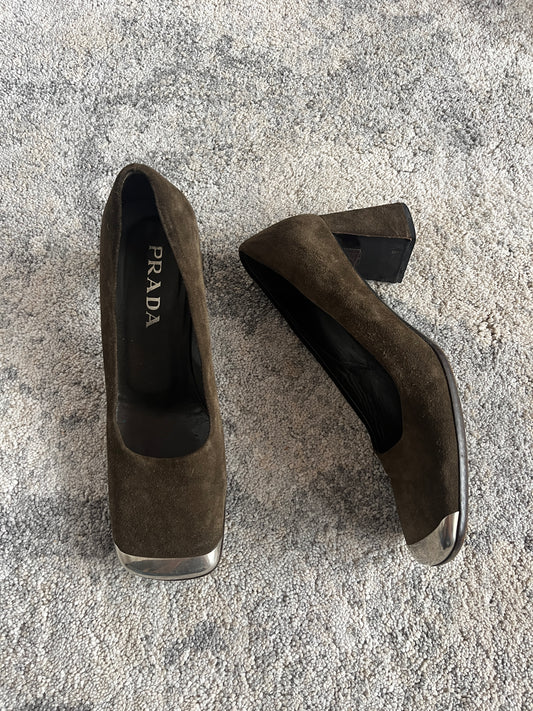 Prada 1999 suede metallic front heels