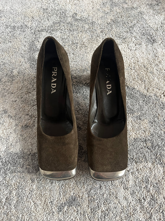 Prada 1999 suede metallic front heels