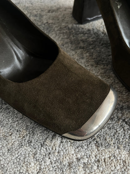 Prada 1999 suede metallic front heels