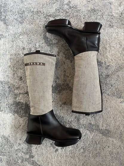 Prada SS1999 linen & leather platefrom boots