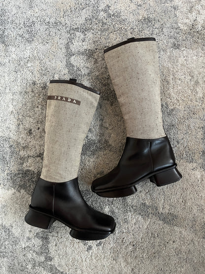 Prada SS1999 linen & leather platefrom boots